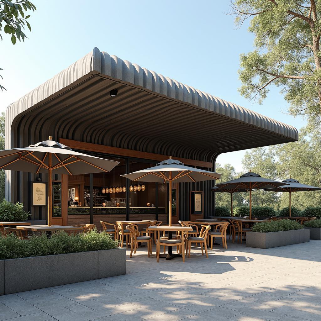 Mẫu mái che sân thượng bằng tôn đẹp cho quán cafe, thiết kế độc đáo, màu sắc ấn tượng, tạo không gian thu hút khách hàng